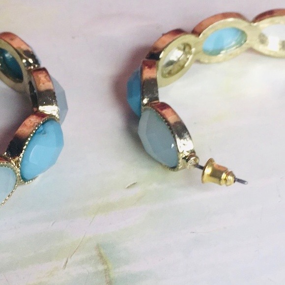 Gold Tone Blue Stone Large Boho Hoop Earrings - Picture 4 of 4